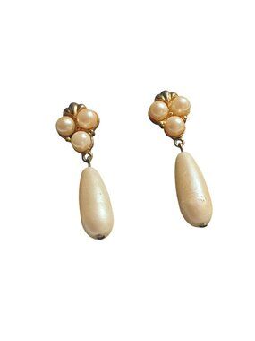 Vintage Faux Pearl Drop Dangle Earrings Gold Tone Teardrop Pearl Post Back Gift